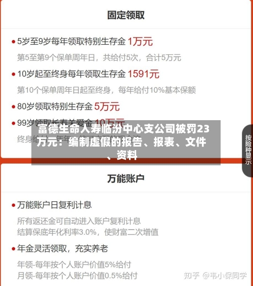 富德生命人寿临汾中心支公司被罚23万元：编制虚假的报告、报表	、文件、资料-第2张图片